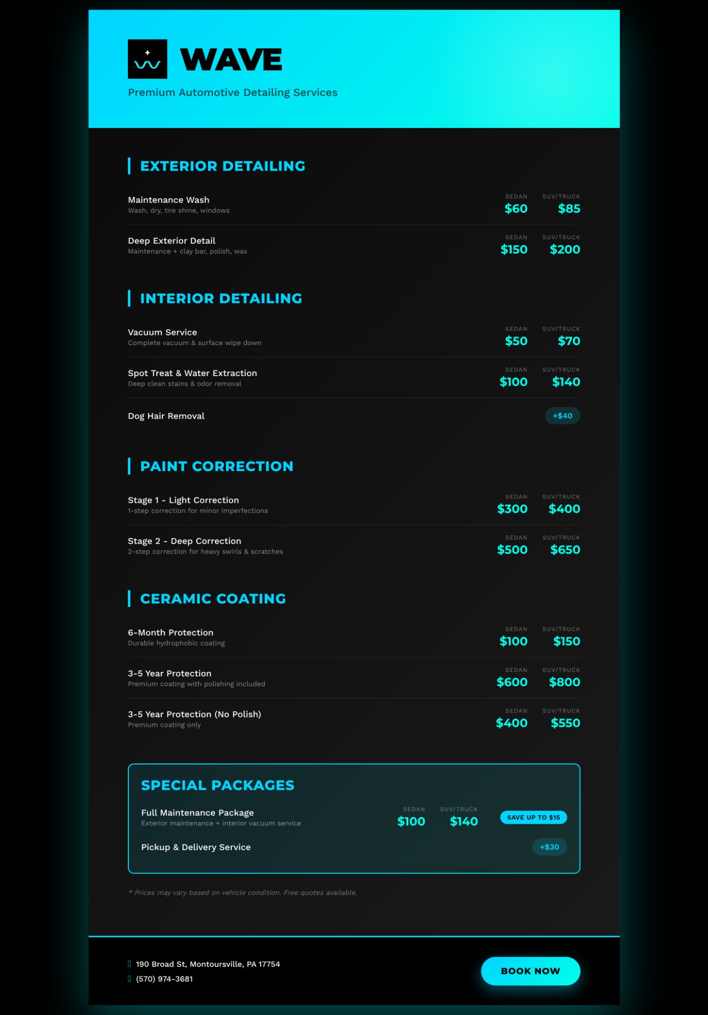 Wave Detail Co. Official Price List